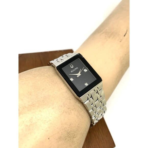 Bulova Women's Watch 96P202 Quartz Black Dial Diamond Quadra Silver Steel CHIP - Picture 5 of 14